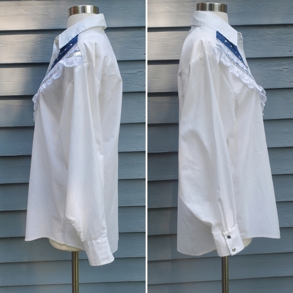 Vintage 70s H Bar C Western Boho White Denim Lace Studded Snap Down Shirt Lg - Picture 2 of 7